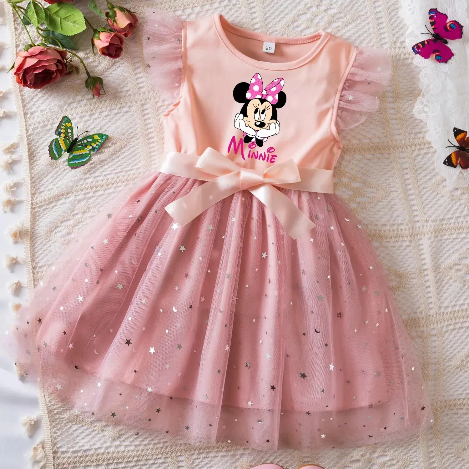 Color: GRAY, Size: XL - Mickey Minnie Mouse Girls Summer Clothes Flying Sleeves Bow Sequin Dress 2-6Y Kid Birthday Tutu Princess Dress for Baby Girl