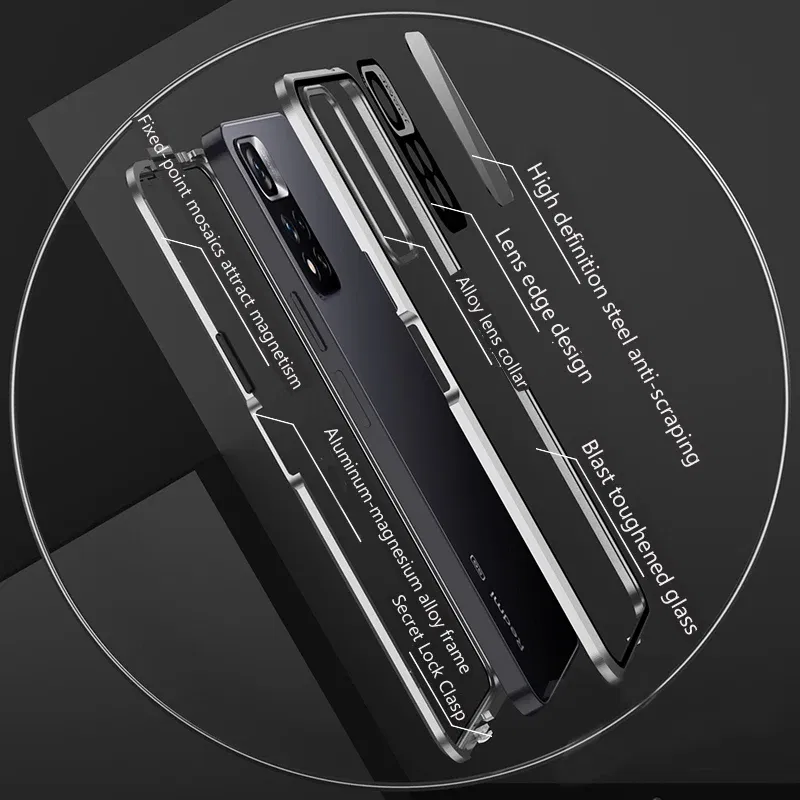 Color: Silver, Bundle: Case & Screen Protector, Material: CANVAS - Full Protection Case Metal Magnetic Double Sided Glass Snap Lock Case For XiaoMi Redmi Note 13 Pro Plus 5G Bumper Phone Cover