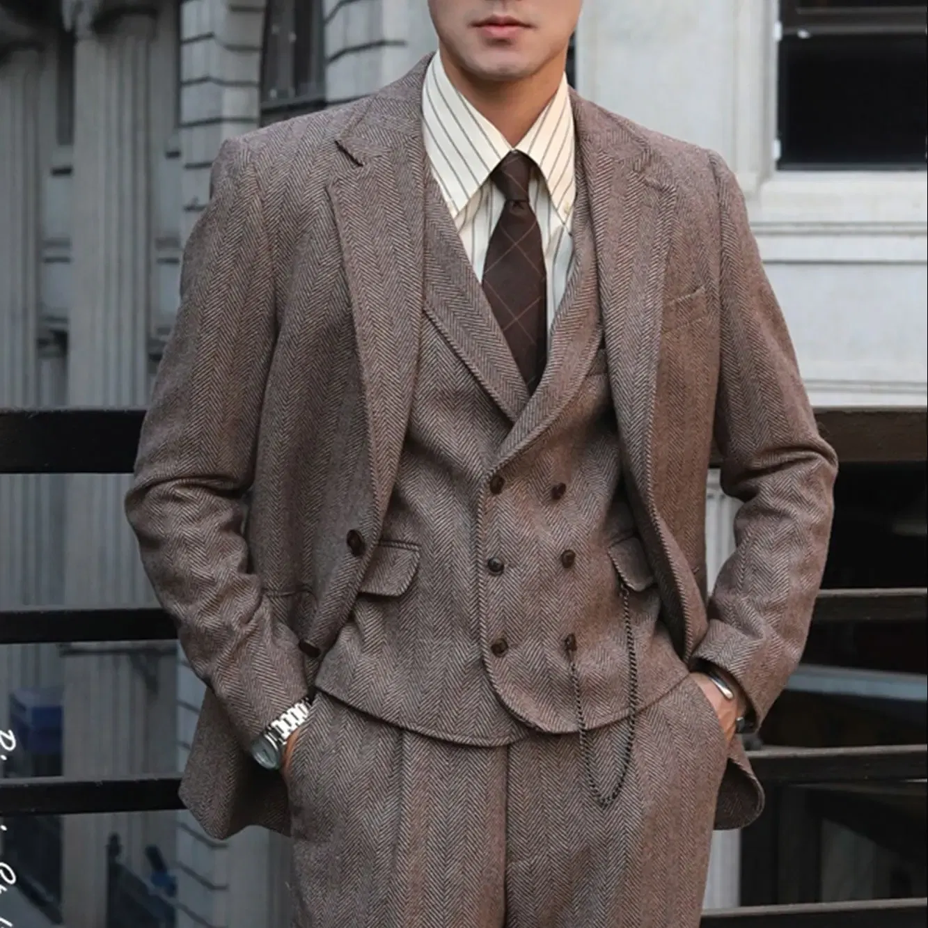 Color: GRAY, Size: L - Tweed Herringbone 3 Pieces Herringbone Men's Business Suits Single Breasted Slim Fit Groom Formal Suits?€Blazer+vest+Pants?‰