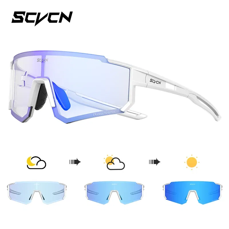 Color Name: Red - SCVCN Color Photochromic Cycling Glasses Outdoo Fashion Sports Sunglasses Men MTB Cycling Sunglasses Women Road Bike Glasses