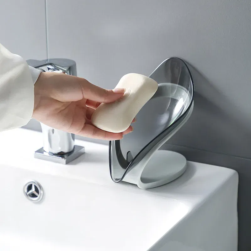 Color: DARK GRAY - Bathroom Soap Holder Leaf Shape Dish Soap Kitchen Sponge Soap Box Storage Non-slip Drain Soap Case Container Bathroom accessorie