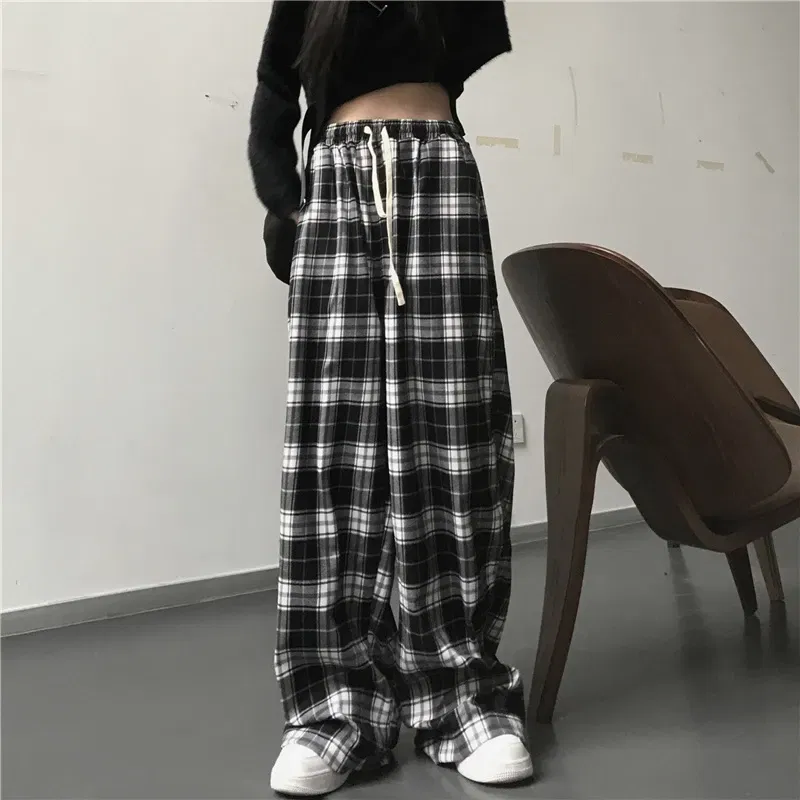 Color: black, Size: XL - Oversize Women Sweatpants Fashion Black Plaid Casual Pants Baggy Elastic Waist Pockets Student Unisex Hip Hop Loose Trousers