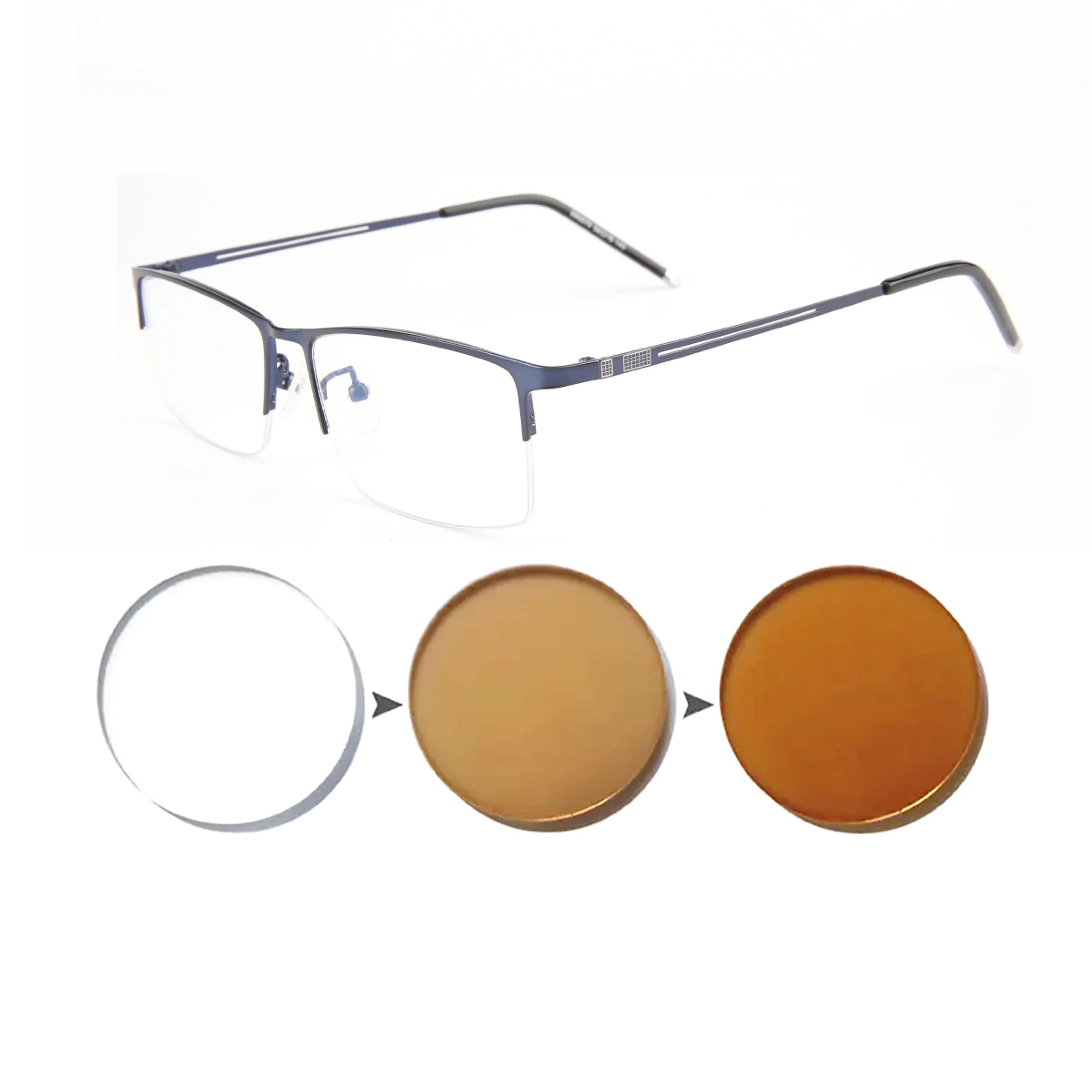 Frame Color: Khaki, Eye Prescription: +100 - Sun Photochromic Finished Myopia Glasses Women Men Metal Half Frame Chameleon Short-sight Eyewear0 -0.5 -0.75 -1.0 To -6.0