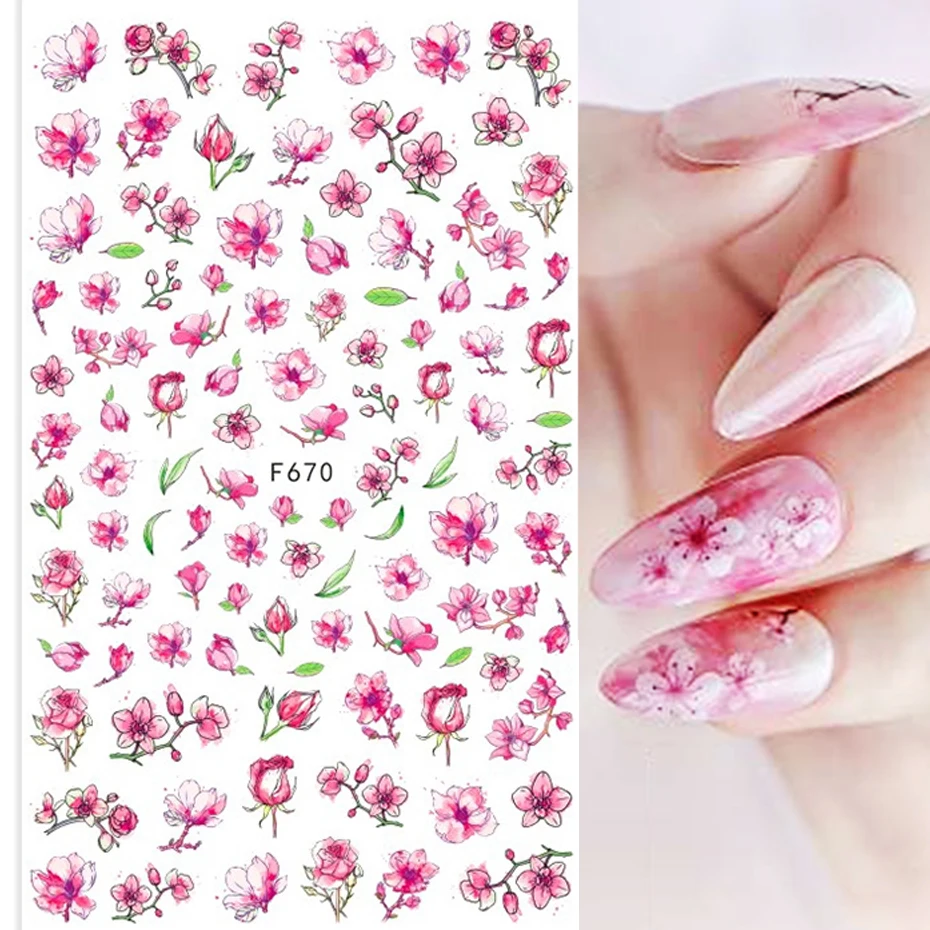 Color: Pink - 3D Blue Butterfly Adhesive Stickers Nail Art Decoration Laser Flowers Leaves Nail Sticker Nail Art Supplies Nail Parts
