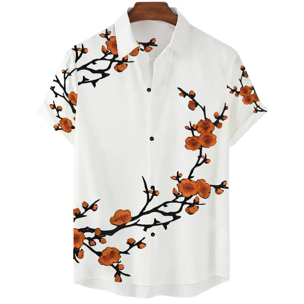 Color: Gold, Size: S - Fashionable Luxury Social men's Shirt Lapel button-down Shirt Casual Japanese Aesthetic Cherry Blossom Print short-sleeved Tops