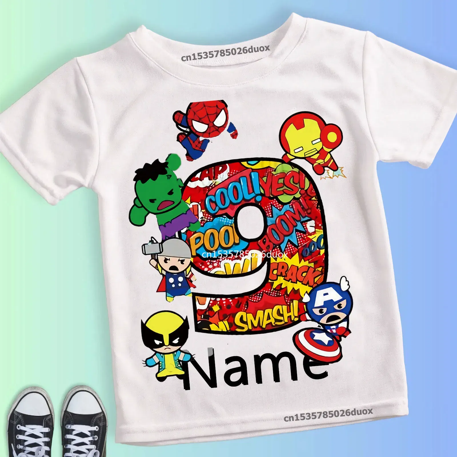 Color: green, Kid Size: 5T - Summer 2024 3 4 5 6 7 8 9 Marvel SuperHero Birthday Girl Short Sleeved T-shirt The Avengers Personalize Name Birthday Boy Shirt