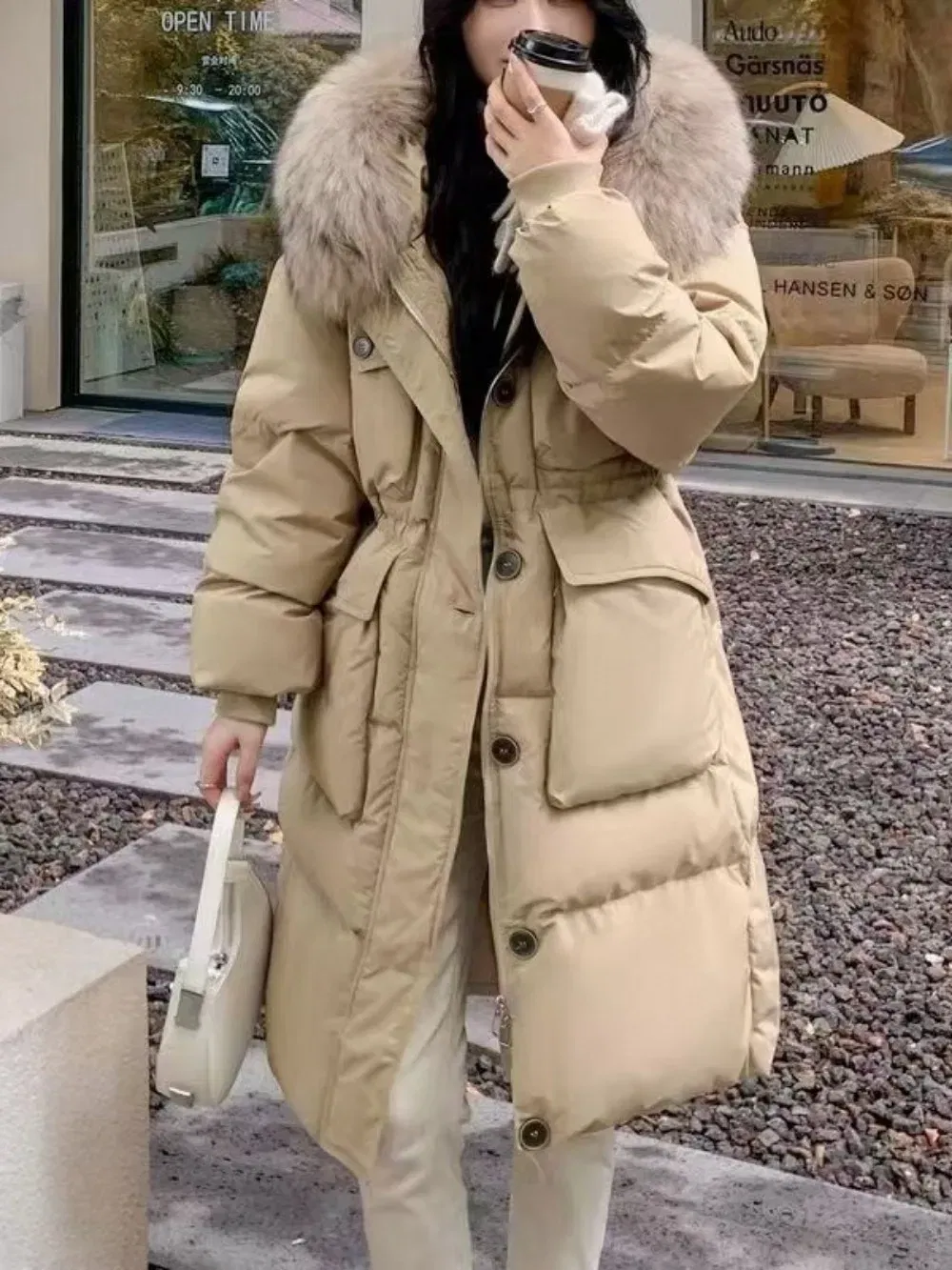 Color: RHODO, Size: S - Down Jacket Women Waterproof Winter Long Puffer Jacket 2024 Real Raccoon Fur Hooded Duck Down Coat Female Rain Feather Parkas