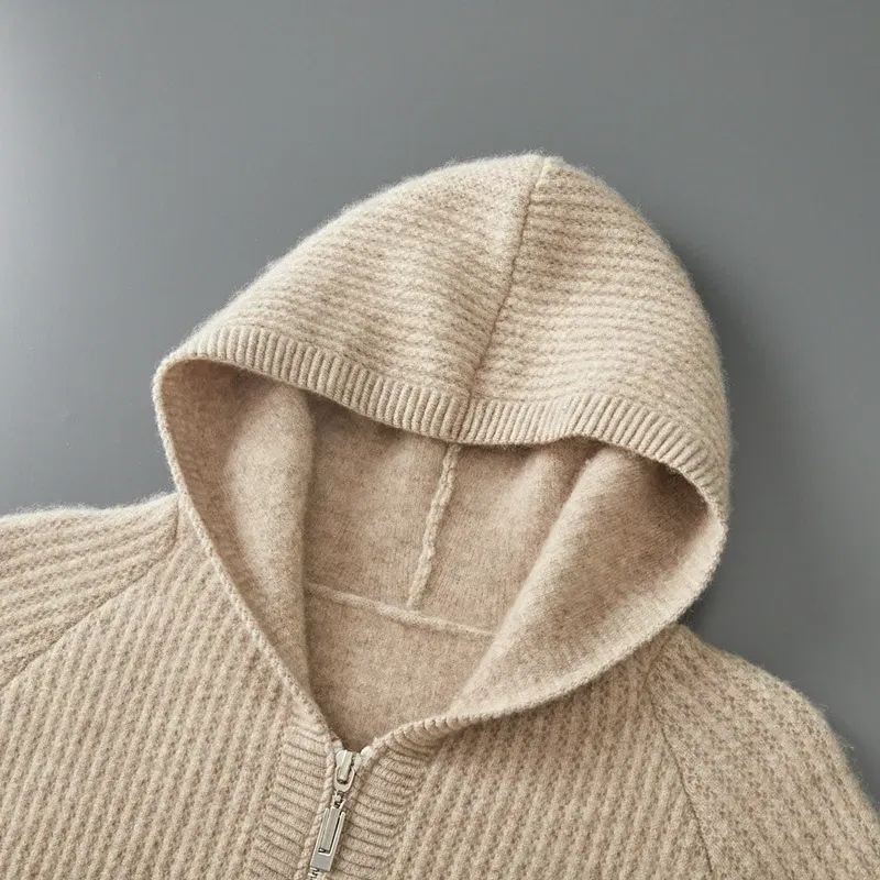 Color: Gold, Size: S, Ships From: CHINA - New Product 100% Merino Wool Knitted Cardigan For Men Hooded Sweater Casual High-end Jacket Men's long Sleeved Wool Sweater Coat