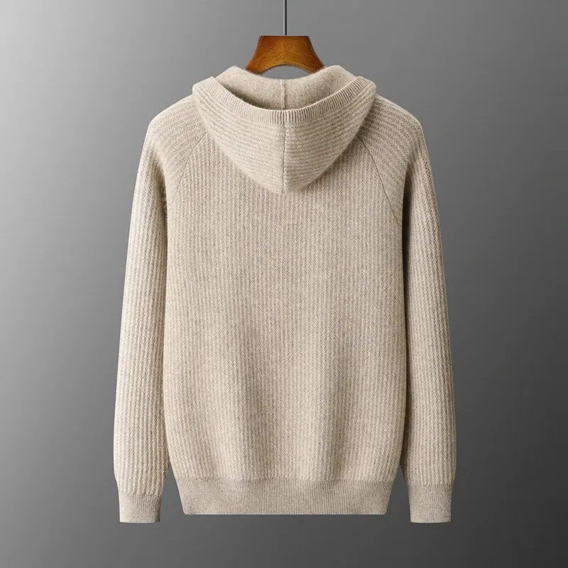 Color: Gold, Size: S, Ships From: CHINA - New Product 100% Merino Wool Knitted Cardigan For Men Hooded Sweater Casual High-end Jacket Men's long Sleeved Wool Sweater Coat
