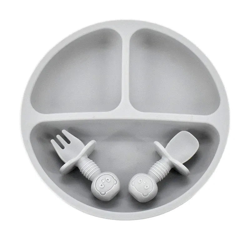 Color: GRAY - 9Colors Baby Plate Set Food Grade Silicone Dishes BPA-Free Tableware Kids Feeding Bowls Kids Learning Dishes Tray Dropshiping