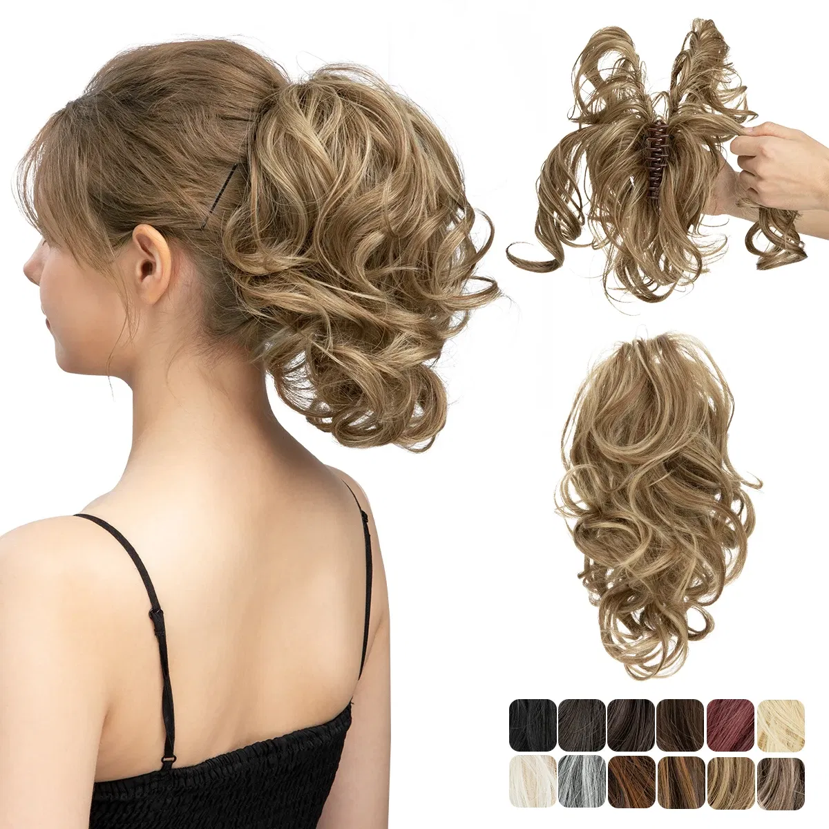 Color: T1B/613, Bulk Buy: 1pc - Synthetic Diy Claw Clip In Ponytail Hair Extensions Hairpiece Hair Bun Fake Black Blonde Natural Hair False Pigtail for Women
