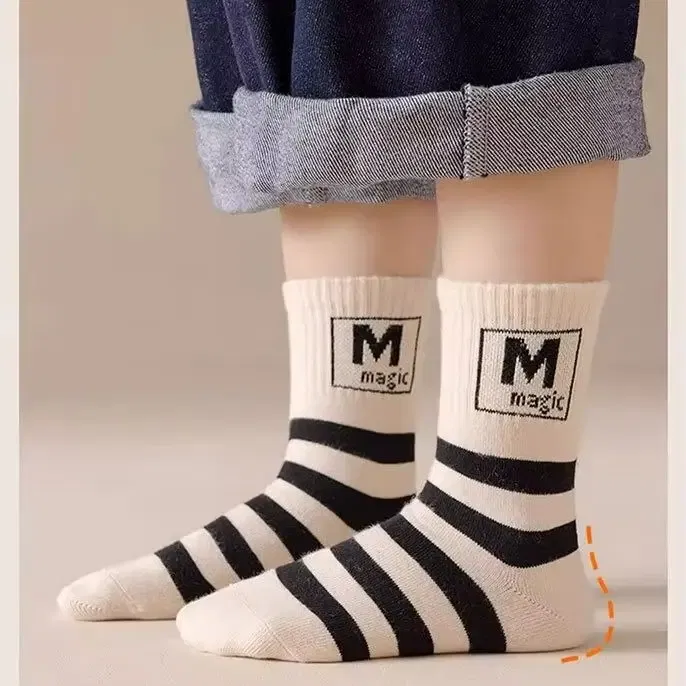 Color: Brown, Size: 10-12T - Spring Autumn Socks Kids Cotton Socks 5 pairs/bag Mid Calf Socks Striped Letter Pattern Children Sporty Socks Boys Socks