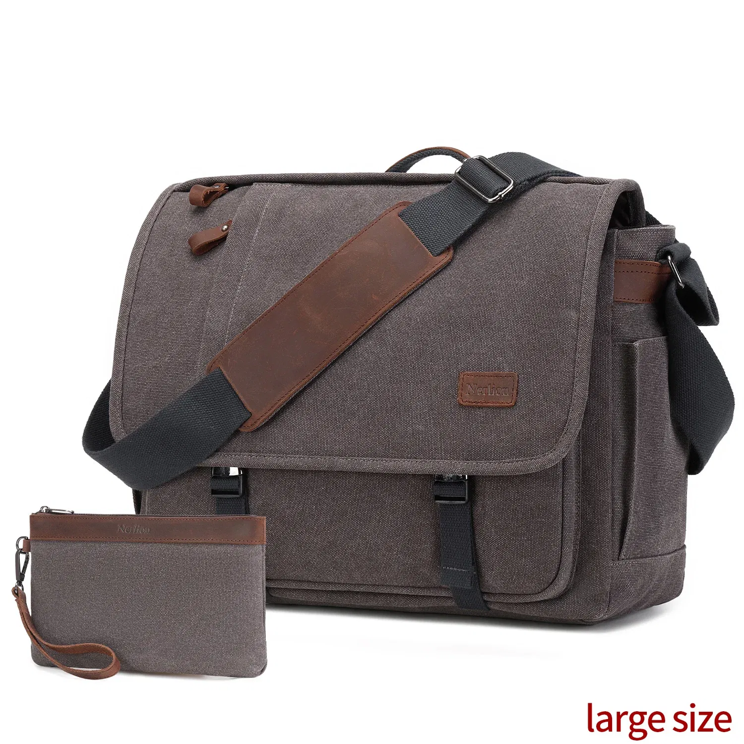 Color: GRAY - Waterproof Canvas Messenger Bag for Men, Messenger Bag ,Shoulder Bag, Casual Computer Bag, Business Bag, Crazy Horse Cowhide