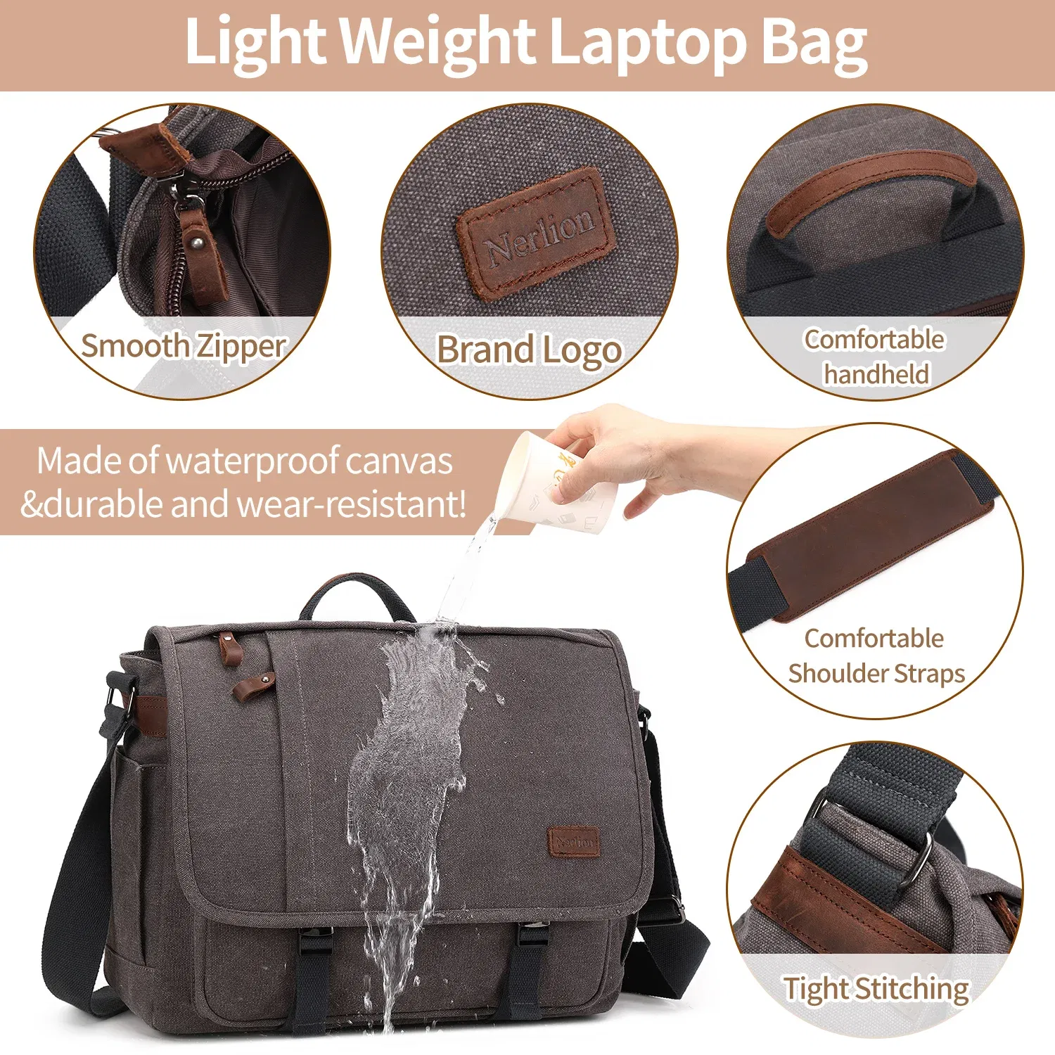 Color: GRAY - Waterproof Canvas Messenger Bag for Men, Messenger Bag ,Shoulder Bag, Casual Computer Bag, Business Bag, Crazy Horse Cowhide