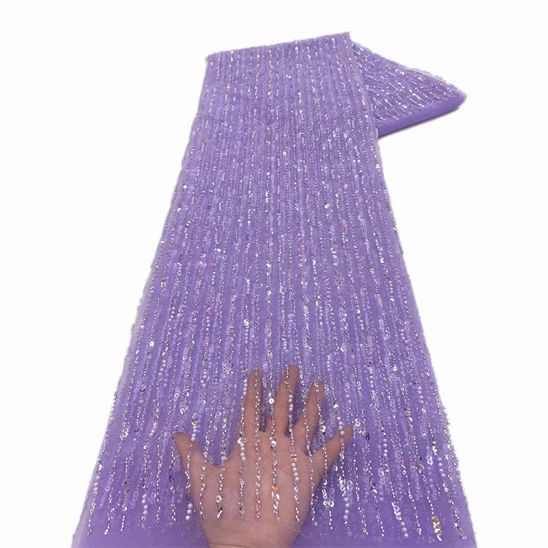 Color: Magenta, Length: 5 yards, Width: 120cm - African Lace Fabric 2025 Sequins Beaded Embroidery Groom Nigerian Bridal High Quality French Tulle Lace Fabric For Wedding