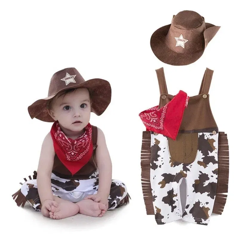 Color: Brown, Kid Size: 18M - Baby Boy Clothes cowboy Costume Infant Toddler Cowboy Set 3Pcs Hat Scarf Romper Halloween Event Birthday Holiday Cosplay Outfits