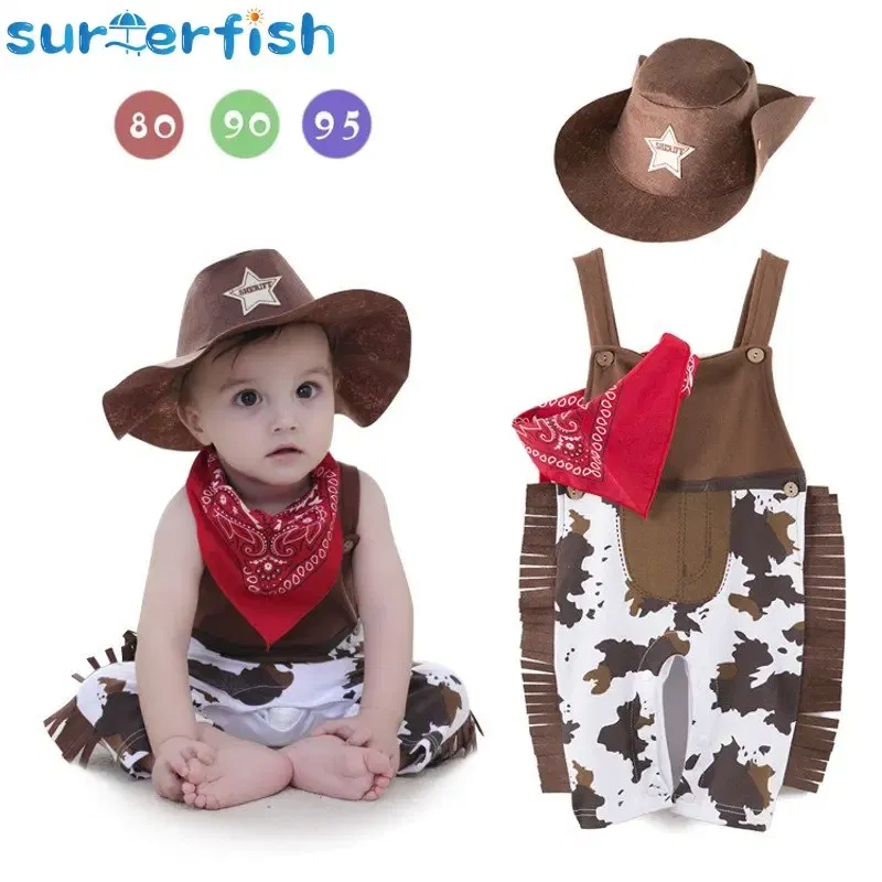 Color: Brown, Kid Size: 18M - Baby Boy Clothes cowboy Costume Infant Toddler Cowboy Set 3Pcs Hat Scarf Romper Halloween Event Birthday Holiday Cosplay Outfits