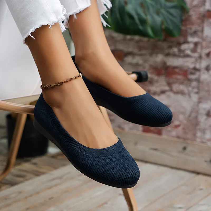 Color: black, Shoe Size: 43 - Elastic Knitting Flats Slip on Shoes for Women 2024 Summer Breathable Soft Loafers Woman Lightweight Casual Shoes Mom Moccasins