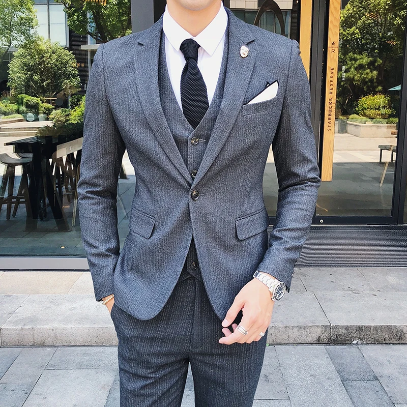 Color: Red, Size: L - Gray Men Classic Striped/Checked Suits, Business Office 3 Piece, Asian Size Slim Fit Men Dress Jacket & Pants with Vest, S-4XL