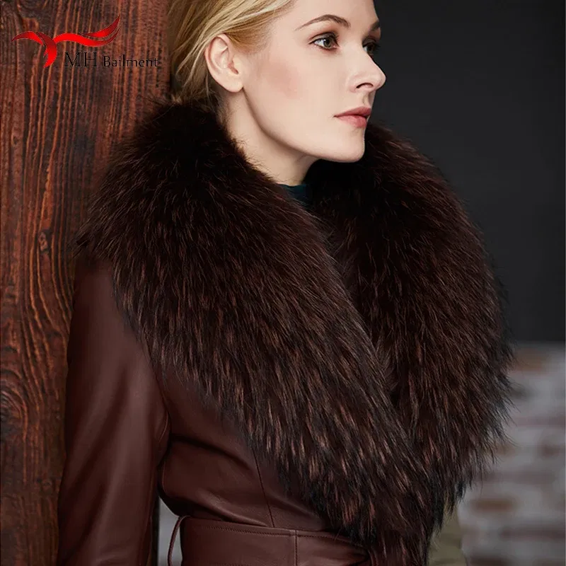 Color: army green, Size: L - Real Raccoon Fur Scarves Woman 100% Pure Natural Raccoon Fur Collar Warm Winter Scarves Red Fox Fur Collar L#1