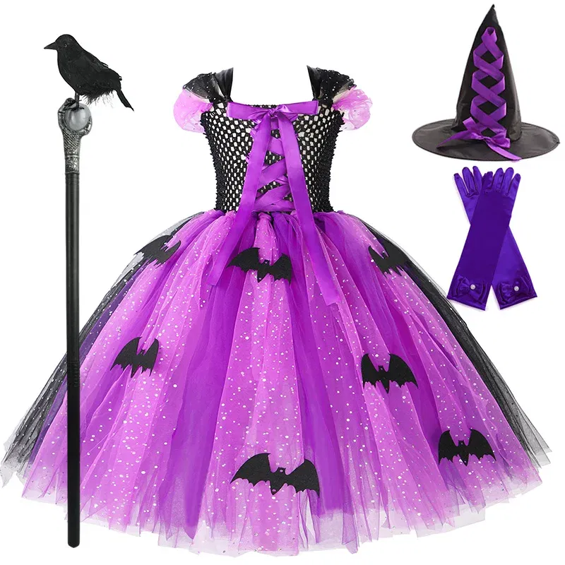 Color: Dark Grey, Kid Size: 4T - Halloween Witch Tutu Dress for Girls Handmade Mesh Bat Wizard Cosplay Costumes with Hat Broom Toddler Evil Party Clothes Set
