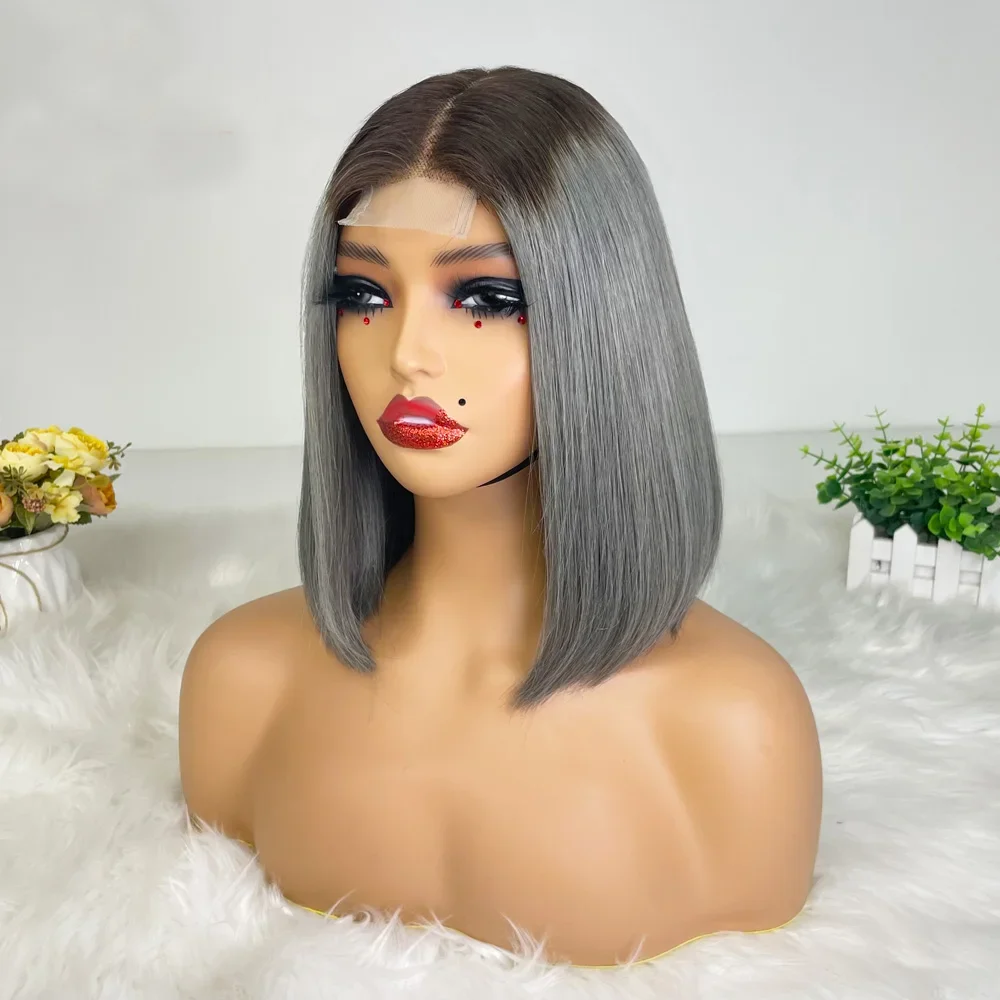 Hair Color: P4/30, Stretched Length: 10inches, Density: 100% - 250% Density Grey 2x6 Lace Closure Wigs Straight Bob Glueless Wig Gray Vietnamese Human Hair Super Double Drawn Wigs Pre Plucked