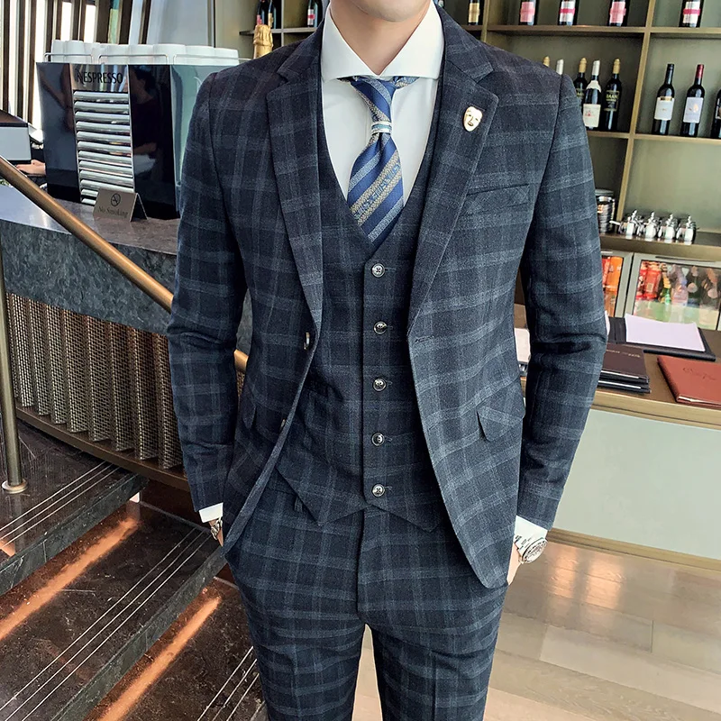 Color: Blue, Size: XL - Gray Men Classic Striped/Checked Suits, Business Office 3 Piece, Asian Size Slim Fit Men Dress Jacket & Pants with Vest, S-4XL