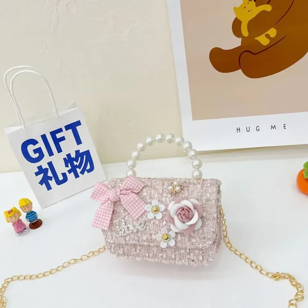Color: GRAY - New Children's Fashion Little Fragrant Wind Elsa Princess Bag Little Girl Pearl Handheld Crossbody Bag Net Red envelope
