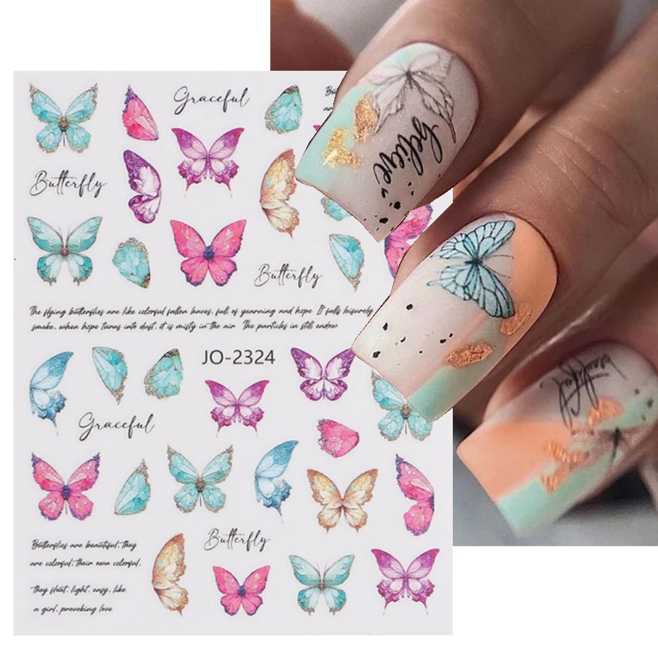 Color: Light Khaki - 3D Blue Butterfly Adhesive Stickers Nail Art Decoration Laser Flowers Leaves Nail Sticker Nail Art Supplies Nail Parts