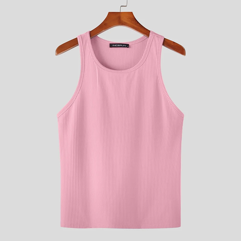 Color: Pink, Size: L - INCERUN Men Tank Tops Solid Color O-neck Sleeveless Streetwear Summer Casual Vests Skinny 2023 Fashion Leisure Men Clothing 5XL