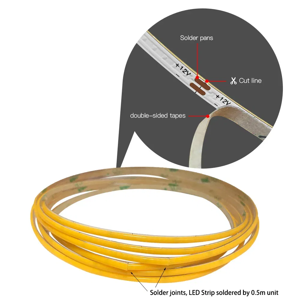 Emitting Color: Yellow, Color: Yellow, Length: 3m - 2.7mm Ultra Slim COB LED Strip Lights 480LEDs/m Flexible Linear Light Tape Diode Ribbon Backlight Red Amber Purple Car Dimmable
