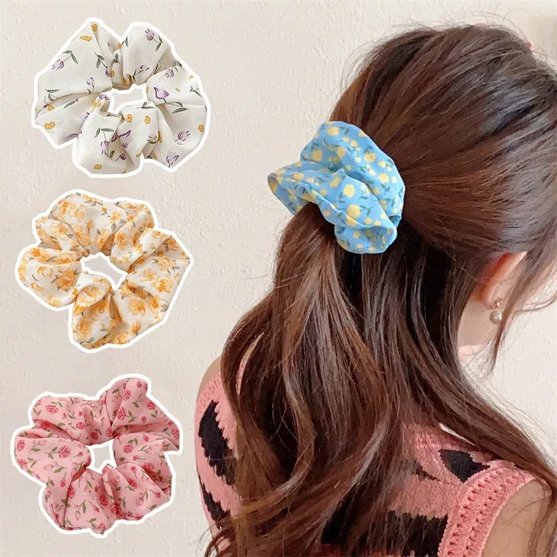 Color: GRAY - Gentle Sweet Women Floral Hair Ties Scrunchies Tulip Rose Flower Hair Rope Summer Ponytail Holder Rubber Band Hair Accessories