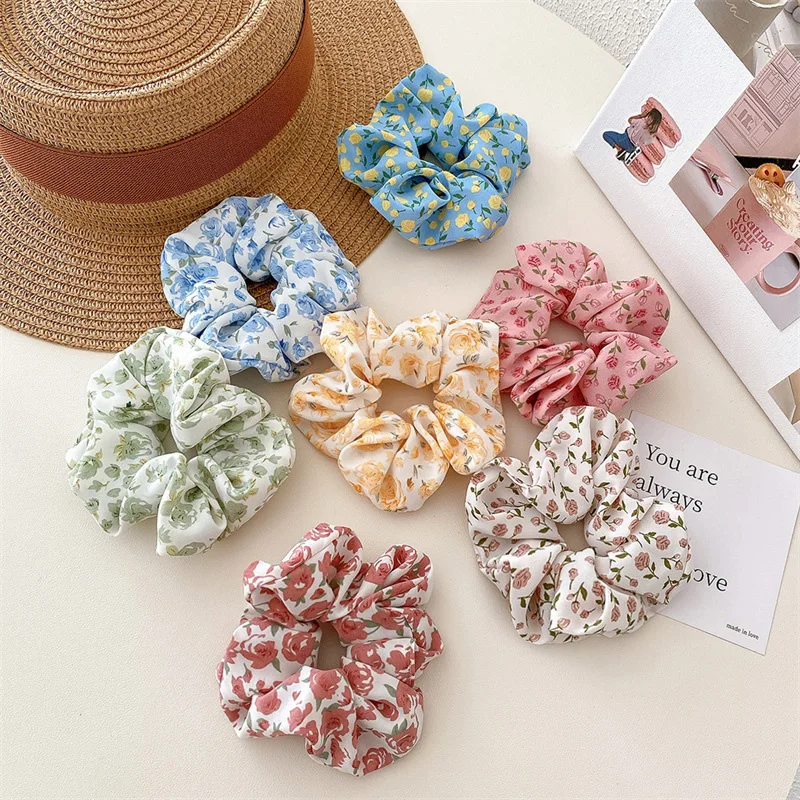 Color: GRAY - Gentle Sweet Women Floral Hair Ties Scrunchies Tulip Rose Flower Hair Rope Summer Ponytail Holder Rubber Band Hair Accessories