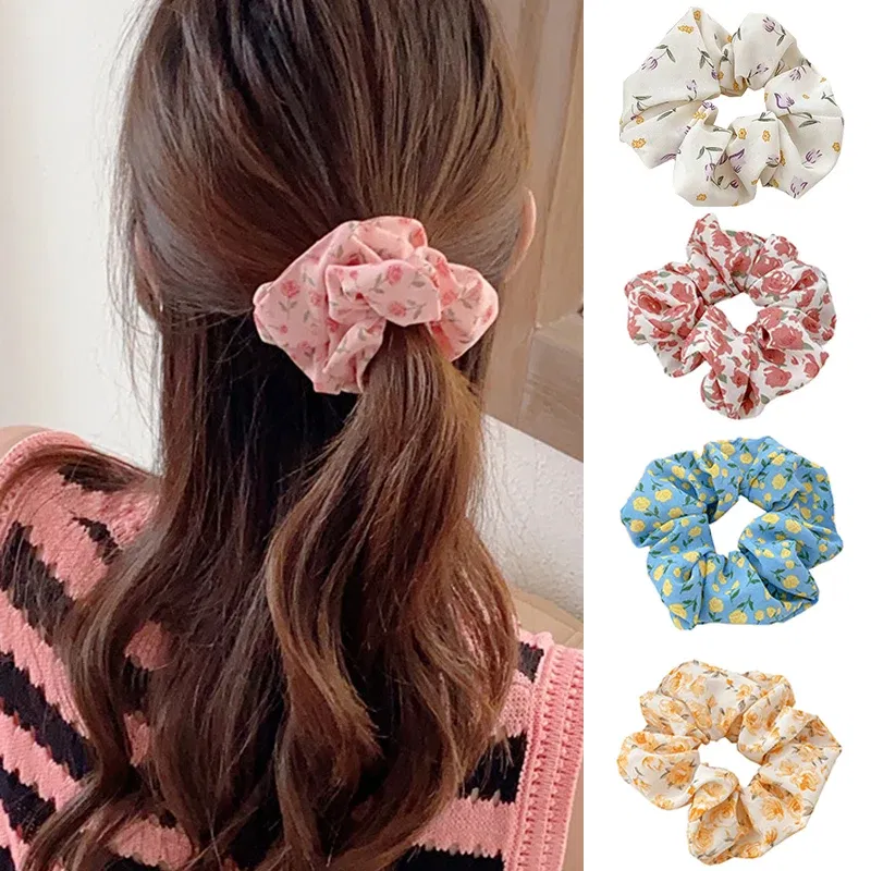 Color: GRAY - Gentle Sweet Women Floral Hair Ties Scrunchies Tulip Rose Flower Hair Rope Summer Ponytail Holder Rubber Band Hair Accessories