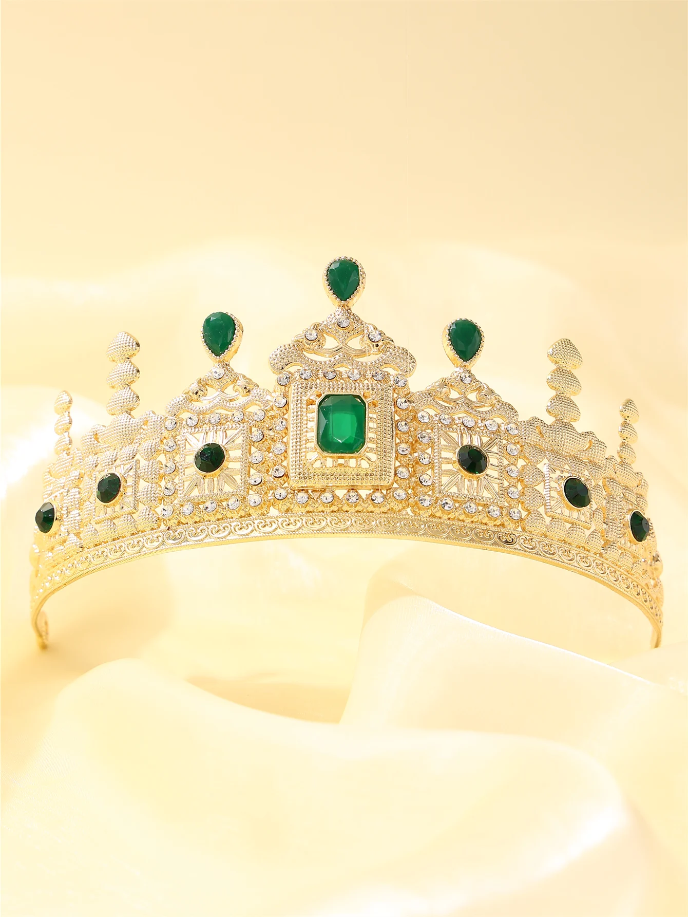 Metal color: Rhodium Plated - European Princess Queen Round Headdress Moroccan Bride Crystal Crown King Bride Headdress Wedding Hair Accessories