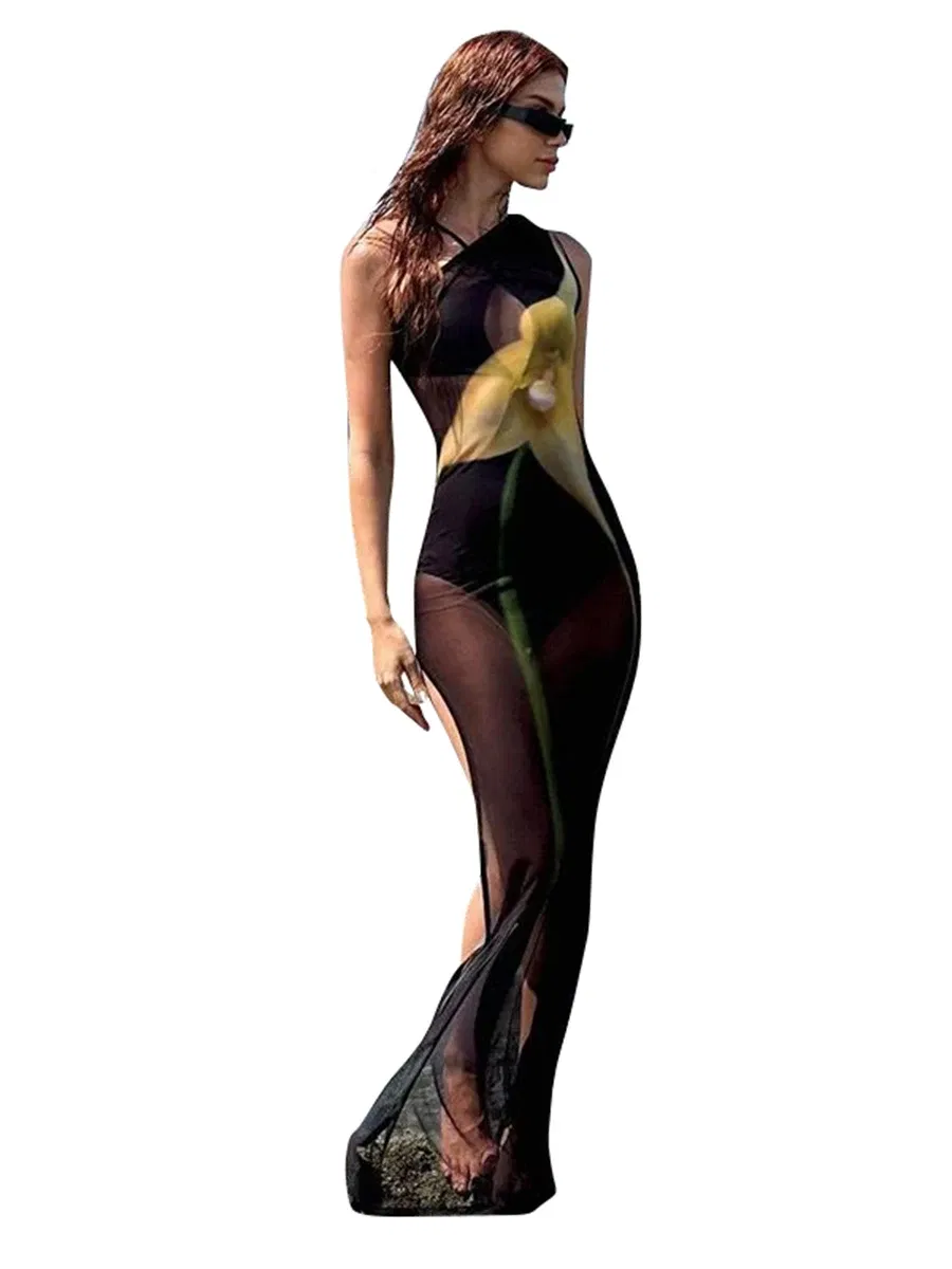 Color: black, Size: M - CUTENOVA Sexy Sleeveless One Shoulder Printed See Through Mesh Dresses For Women 2024 Summer High Slit Slim Beach Holiday Dress