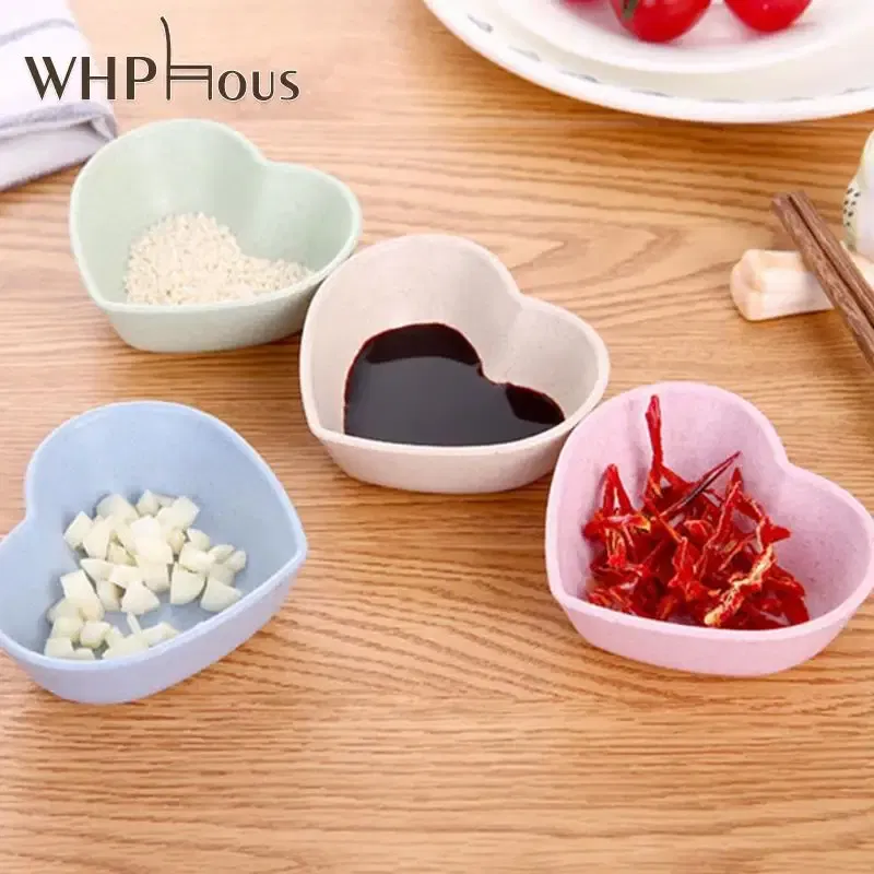 Color: GRAY - n.Mini Cute Love Heart Shape Wheat Straw Bowl Vinegar Seasoning Solid Soybean Dish Sauce Salt Snack Small Plate Kitchen Supplies