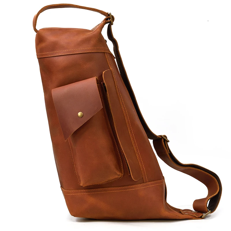 Color: black - 2025 New Style Men's Leather Chest Bag Retro Single Shoulder Crossbody Bag Multi-functional Shoulder Bag For Male Travel Bagpack