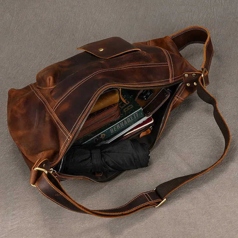 Color: black - 2025 New Style Men's Leather Chest Bag Retro Single Shoulder Crossbody Bag Multi-functional Shoulder Bag For Male Travel Bagpack