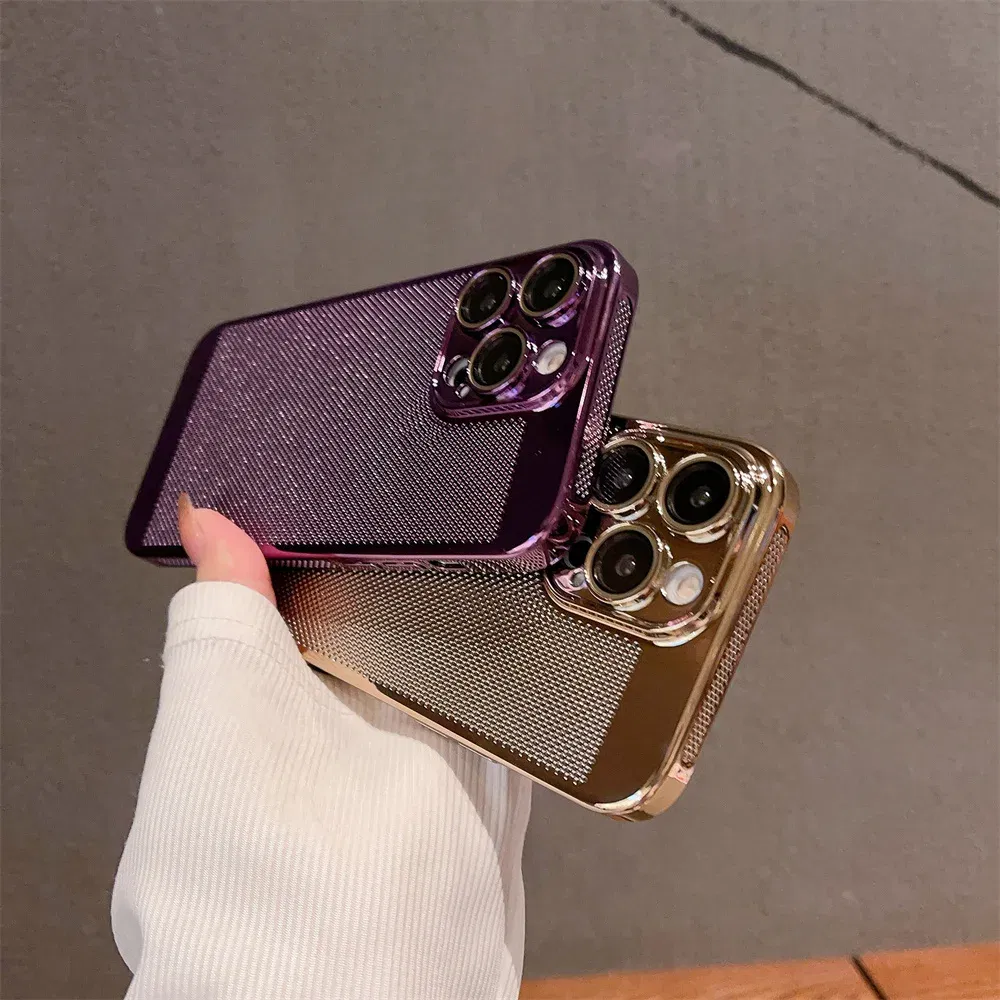 Color: Black, Material: GENUINE LEATHER - Luxury Plating Hollowed Out Case for iPhone 12 13 Mini 11 14 Pro Max X XR Xs Max 7 8 Plus Heat Dissipation Shockproof Lens Cover