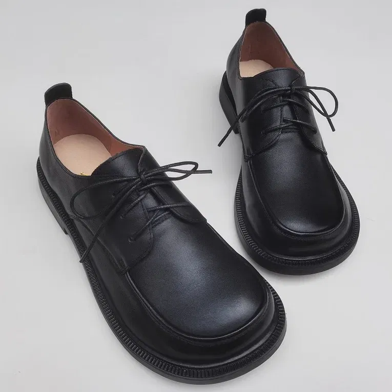Color: black, Shoe Size: 9.5 - Careaymade-Genuine leather big head wide version men's English lace up leather shoes business leisure original single shoes