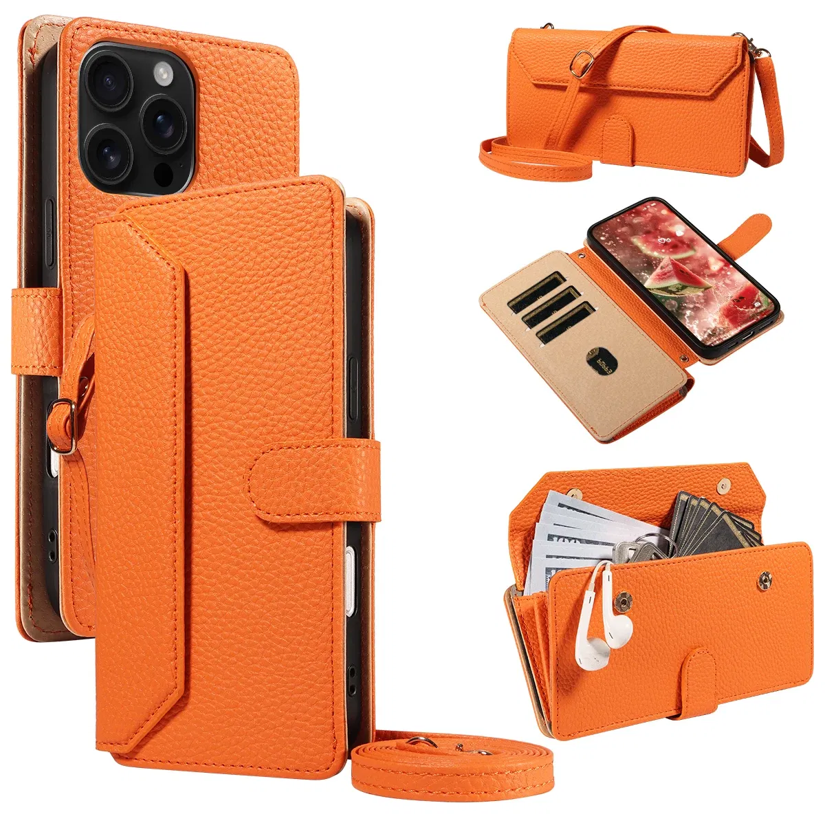 Color: Khaki, Bundle: Case & Strap, Material: Artificial Leather, Compatibility by Model: Galaxy S23 FE - Crossbody Leather Phone Case for Samsung Galaxy S25Edge S25Ultra S24FE S24Ultra S23Ultra Multi-Card Slot Anti-Drop Wallet Case