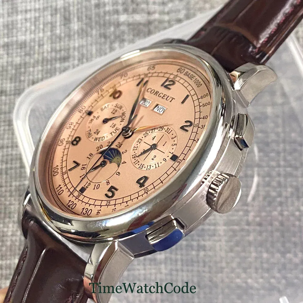 Color: Coffee - Corgeut 42mm Automatic Men's Watch Date Day Month Year Rose Gold Dial Multifunction 316L Leather Strap Polished Case Day Night