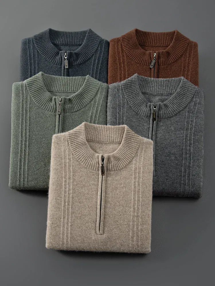 Color: Brown, Size: XXL - Men's Sweater Pullover Autumn Winter Sweater Warm Clothing 100% Cashmere Business Long Sleeve Classic Quality Mock Neck Knit Top