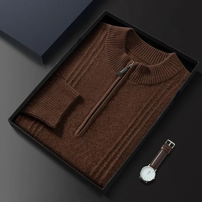 Color: Brown, Size: XXL - Men's Sweater Pullover Autumn Winter Sweater Warm Clothing 100% Cashmere Business Long Sleeve Classic Quality Mock Neck Knit Top