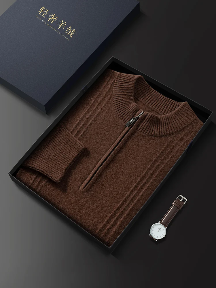 Color: Brown, Size: XXL - Men's Sweater Pullover Autumn Winter Sweater Warm Clothing 100% Cashmere Business Long Sleeve Classic Quality Mock Neck Knit Top