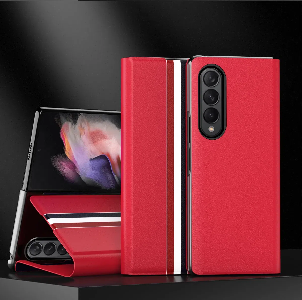 Color: Red, Material: ABS - Leather Wallet Function Case for Samsung Galaxy Z Fold 6 5 3 2 fold6 fold5 Fold4 Fold 4 5G Fold3 Fold2 Full Protection Bag Cover