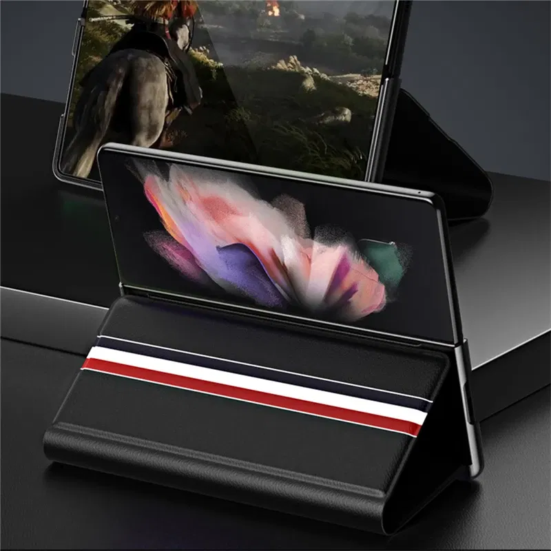 Color: Red, Material: ABS - Leather Wallet Function Case for Samsung Galaxy Z Fold 6 5 3 2 fold6 fold5 Fold4 Fold 4 5G Fold3 Fold2 Full Protection Bag Cover