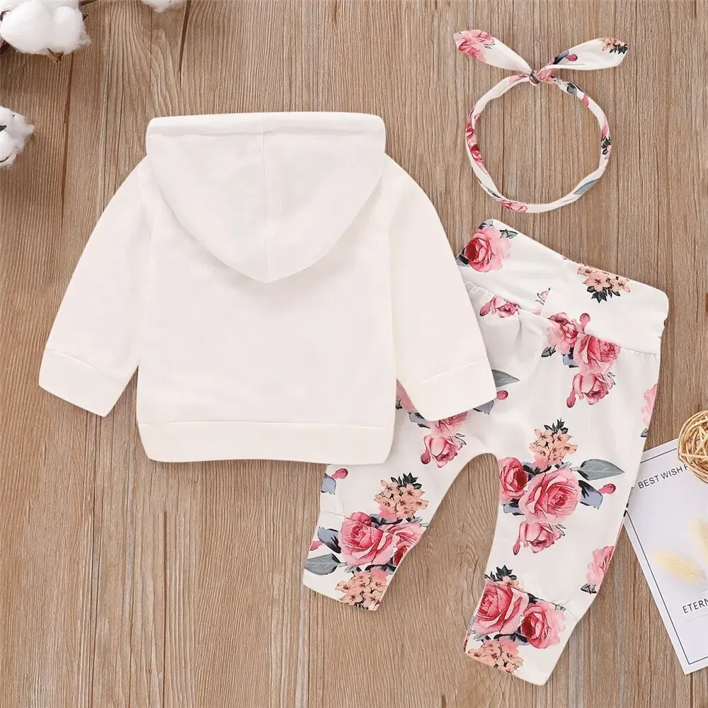 Color: Pink, Kid Size: 9M - 0-18 Months Toddler Baby Girl 3PCS Hooded Clothes Set Flowers Print Long Sleeve Top+Pant+Bowknot Headband Fashion Autumn Outfit