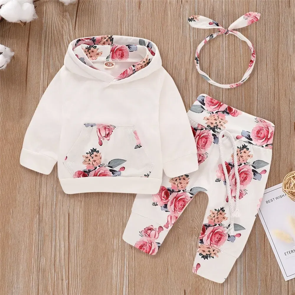 Color: Pink, Kid Size: 9M - 0-18 Months Toddler Baby Girl 3PCS Hooded Clothes Set Flowers Print Long Sleeve Top+Pant+Bowknot Headband Fashion Autumn Outfit
